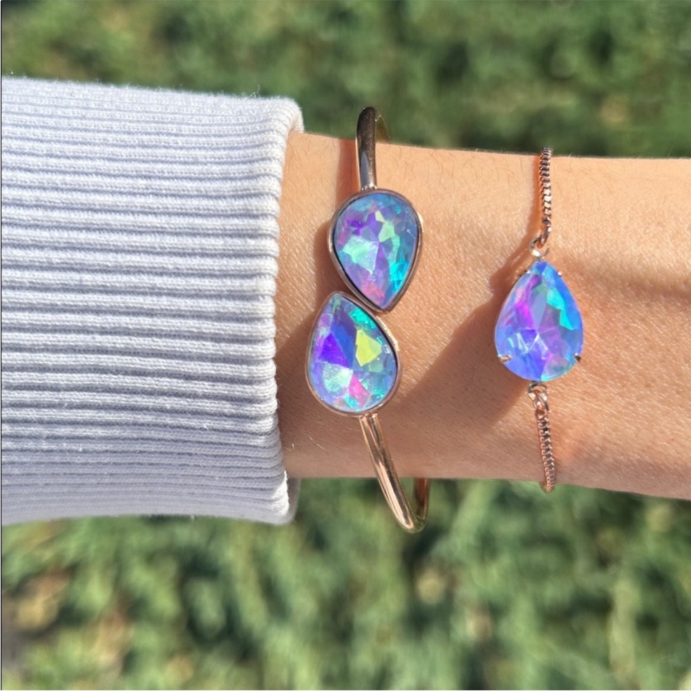 Light Sapphire Aurora Borealis +Rose Gold Pear Crystal Adjustable Boho Bracelet